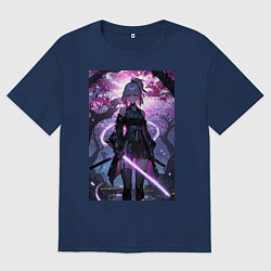 Мужская футболка оверсайз Девушка с катаной на фоне цветущей сакуры