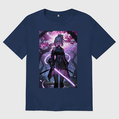 Мужская футболка оверсайз Девушка с катаной на фоне цветущей сакуры / Тёмно-синий – фото 1