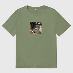 Футболка оверсайз мужская Серая кошка для пары, цвет: авокадо