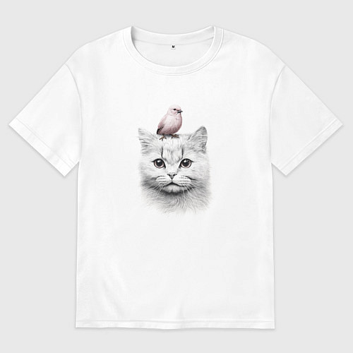 Мужская футболка оверсайз Котик с птичкой / Белый – фото 1