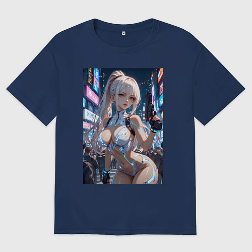 Мужская футболка оверсайз Девушка с пистолетом с киберимплантами / Тёмно-синий – фото 1