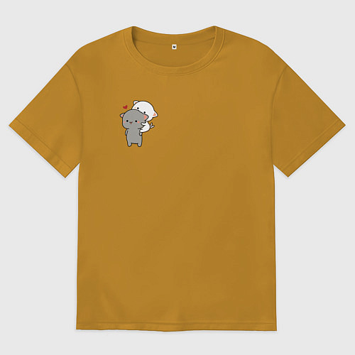 Мужская футболка оверсайз Белый котик на спине у серого для пары / Горчичный – фото 1