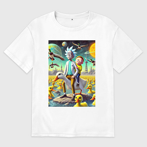Мужская футболка оверсайз Рик и Морти сидят на утке на одноимённой планете / Белый – фото 1