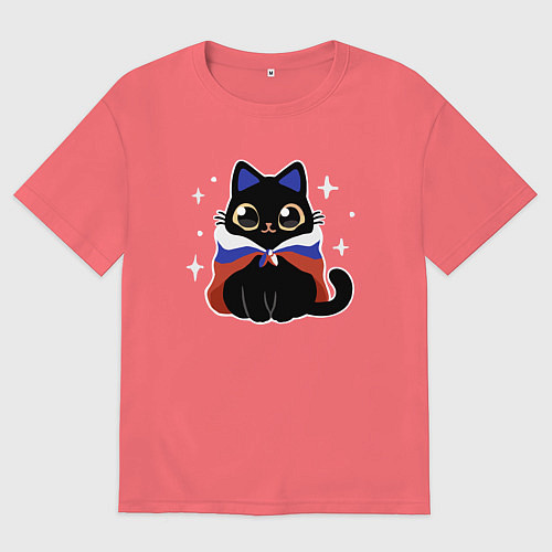Мужская футболка оверсайз Кот с флагом / Коралловый – фото 1
