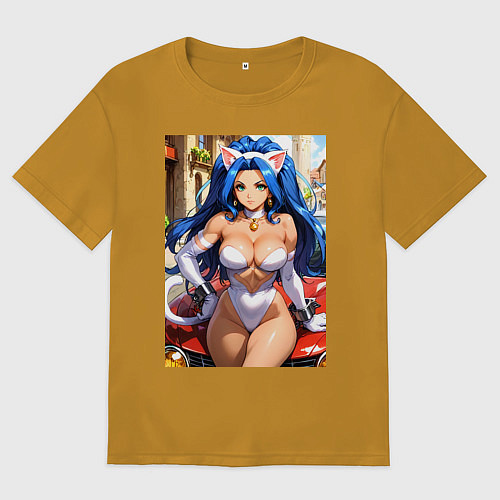 Мужская футболка оверсайз Фелиция сидит на капоте машины / Горчичный – фото 1