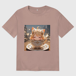 Мужская футболка оверсайз Кошечка с короной в чашке