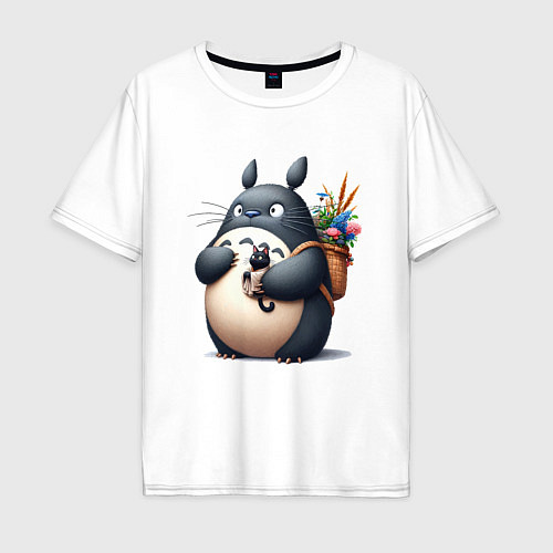 Мужская футболка оверсайз Totoro and black cat - anime / Белый – фото 1