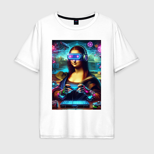 Мужская футболка оверсайз Mona Lisa is an avid gamer - cyberpunk / Белый – фото 1