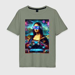 Футболка оверсайз мужская Mona Lisa is an avid gamer - cyberpunk, цвет: авокадо