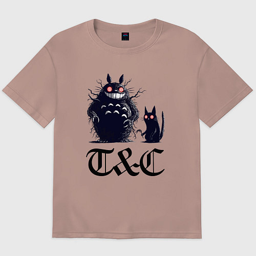 Мужская футболка оверсайз Totoro and black cat - anime / Пыльно-розовый – фото 1