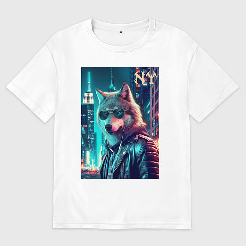 Мужская футболка оверсайз Крутой волчара в ночном Нью-Йорке - нейроарт / Белый – фото 1