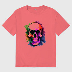 Футболка оверсайз мужская Череп с красочными брызгами, цвет: коралловый