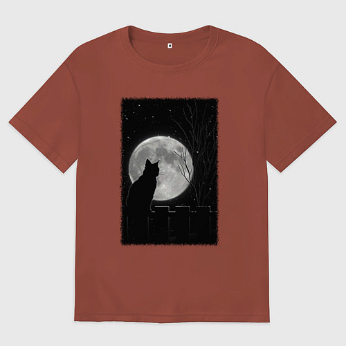 Мужская футболка оверсайз Кот при луне / Кирпичный – фото 1