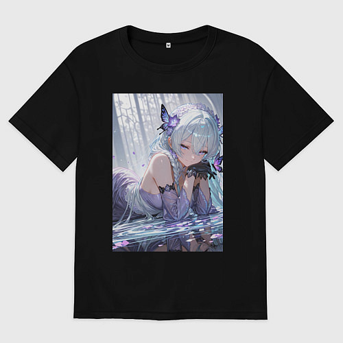 Мужская футболка оверсайз Девушка лежащая на глади воды с бабочками и лепест / Черный – фото 1