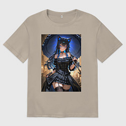 Футболка оверсайз мужская Девушка-кошка под ажурным зонтом, цвет: миндальный