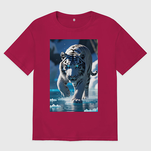 Мужская футболка оверсайз Белоснежный тигр крадется по льду / Маджента – фото 1