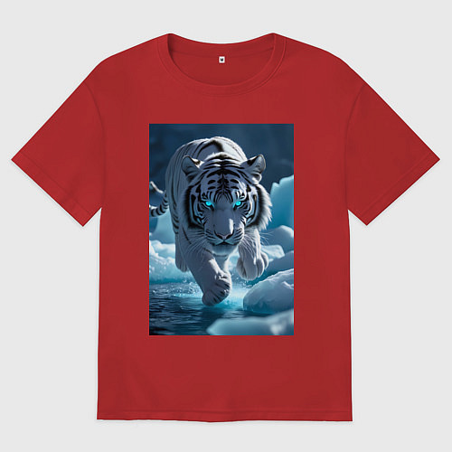 Мужская футболка оверсайз Белоснежный тигр крадется по льду / Красный – фото 1