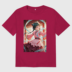 Футболка оверсайз мужская Мао Мао танцует с лентами в окружении синих роз, цвет: маджента