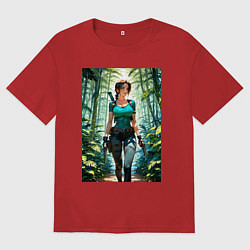 Футболка оверсайз мужская Лара Крофт в джунглях с пистолетами, цвет: красный