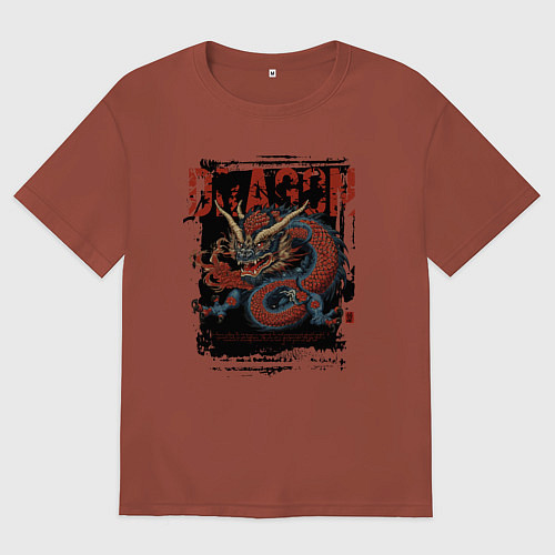 Мужская футболка оверсайз Японский дракон в стиле ирезуми / Кирпичный – фото 1