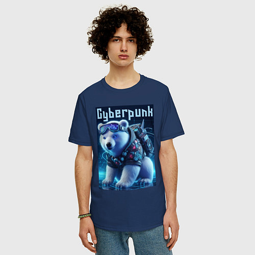 Мужская футболка оверсайз Белый медвежонок в стиле киберпанк / Тёмно-синий – фото 3