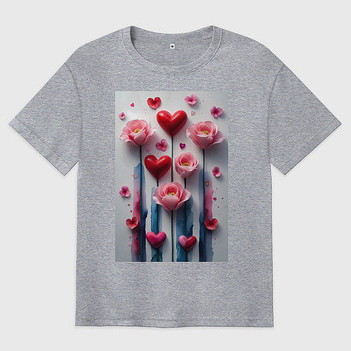 Мужская футболка оверсайз Композиция цветов и сердечек / Меланж – фото 1