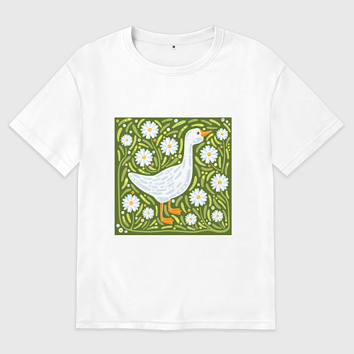 Мужская футболка оверсайз Гусь в ромашках / Белый – фото 1