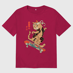 Мужская футболка оверсайз Кот самурай - скейтбордист