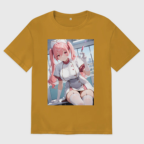 Мужская футболка оверсайз Медсестричка сделает тебе укол любви - пышная аним / Горчичный – фото 1