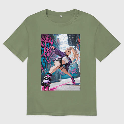 Мужская футболка оверсайз Девушка на роликах исполняет трюки / Авокадо – фото 1