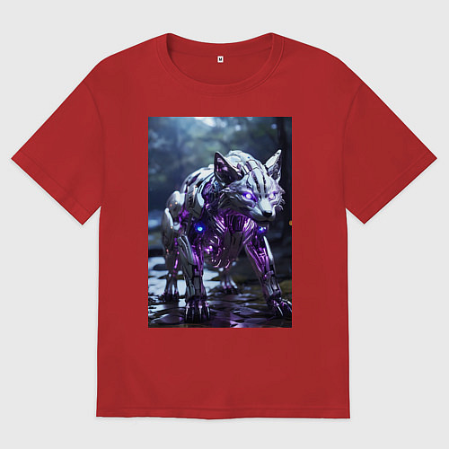 Мужская футболка оверсайз Киборг лиса с неоновой подсветкой / Красный – фото 1