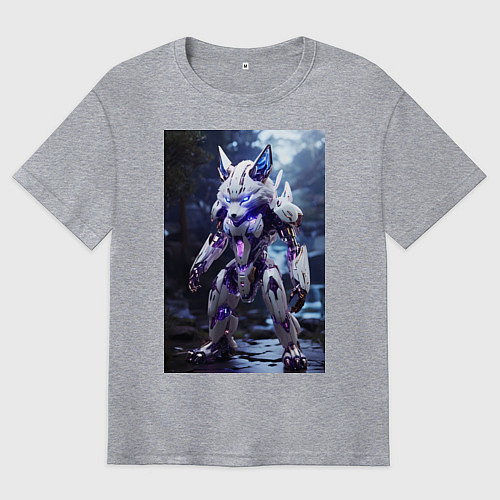 Мужская футболка оверсайз Киборг лиса с неоновой подсветкой / Меланж – фото 1