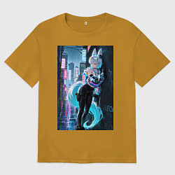 Футболка оверсайз мужская Лиса наемник в стиле Cyberpunk, цвет: горчичный