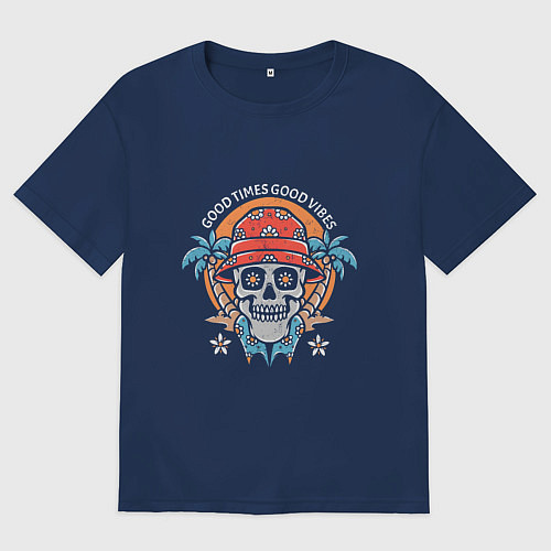 Мужская футболка оверсайз Череп в панаме / Тёмно-синий – фото 1