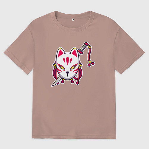 Мужская футболка оверсайз Кошка самурай / Пыльно-розовый – фото 1