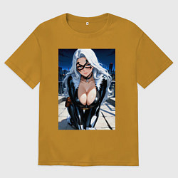 Мужская футболка оверсайз Черная кошка на крыше небоскреба