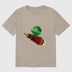 Мужская футболка оверсайз Зеленый монстр на красной ракете