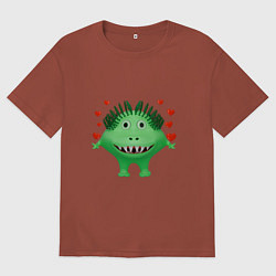 Футболка оверсайз мужская Влюбленный мультяшный зеленый монстр, цвет: кирпичный