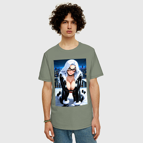 Мужская футболка оверсайз Черная кошка на крыше небоскреба / Авокадо – фото 3