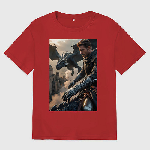 Мужская футболка оверсайз Рыцарь летит на драконе / Красный – фото 1