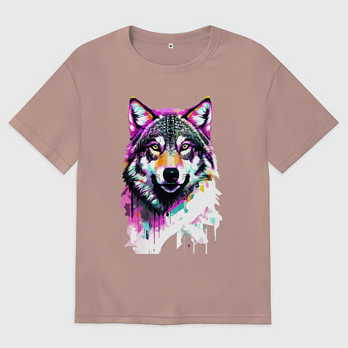 Мужская футболка оверсайз Волчья морда - нейроарт / Пыльно-розовый – фото 1