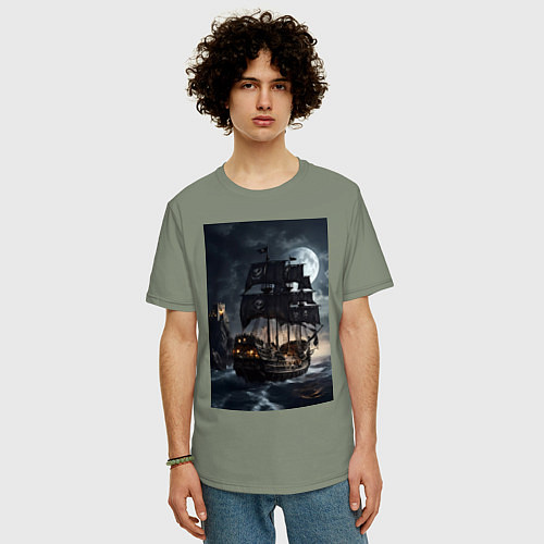 Мужская футболка оверсайз Пиратский корабль в шторм / Авокадо – фото 3