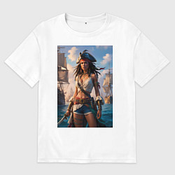 Мужская футболка оверсайз Пиратка на фона флотилии кораблей