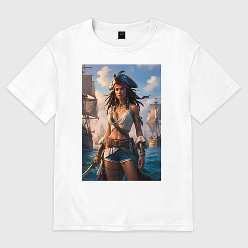 Мужская футболка оверсайз Пиратка на фона флотилии кораблей / Белый – фото 1