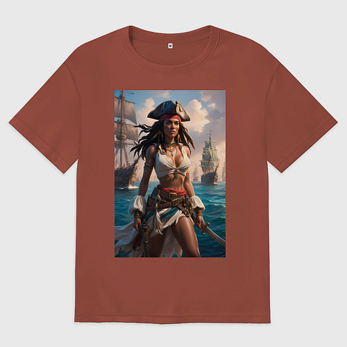 Мужская футболка оверсайз Пиратка на фона флотилии кораблей / Кирпичный – фото 1