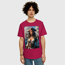 Футболка оверсайз мужская Пиратка на фона флотилии кораблей, цвет: маджента — фото 2