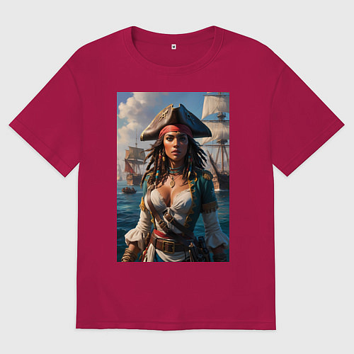 Мужская футболка оверсайз Пиратка на фона флотилии кораблей / Маджента – фото 1