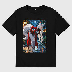 Футболка оверсайз мужская Белоснежная лиса лунной ночью, цвет: черный