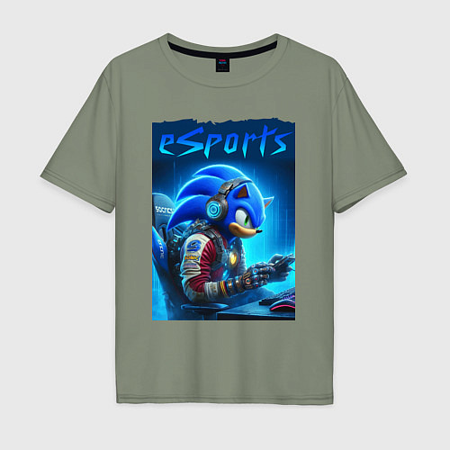 Мужская футболка оверсайз Hedgehog Sonic is esports player - neon glow / Авокадо – фото 1