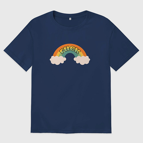 Мужская футболка оверсайз Fuck с радугой и облачками / Тёмно-синий – фото 1